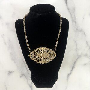 Vintage Necklace with Large Filigree Pendant, 16 inch, Goldtone